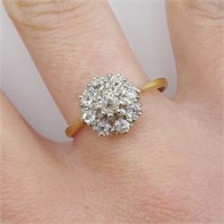 18ct gold old cut diamond cluster ring, stamped 18ct Plat, total diamond weight approx. 0.50 carat