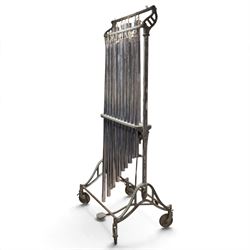 Boosey & Hawkes Ltd, London orchestral tubular bells/chimes, the chromed tubes pitch-marked and suspended on painted metal frame, frame H186cm