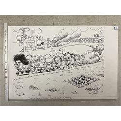 Charles Griffin (British 1946-): 'She'll show Kinnock how to run a party.' - Margaret Thatcher and her Cabinet post 1983 Conservative Party Conference in Blackpool, pen and ink political cartoon signed and captioned, 28cm x 42cm (unframed)