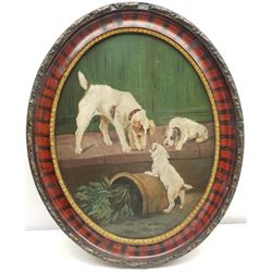 W Costa (Early 20th century): Terriers Playing with a Plant Pot, oil on oval board signed 44cm x 34cm; After Penry Powell Palfrey (British 1830-1902): 'Hackney Mare Kathleen', late 19th century chromolithograph 24cm x 29cm (2)
