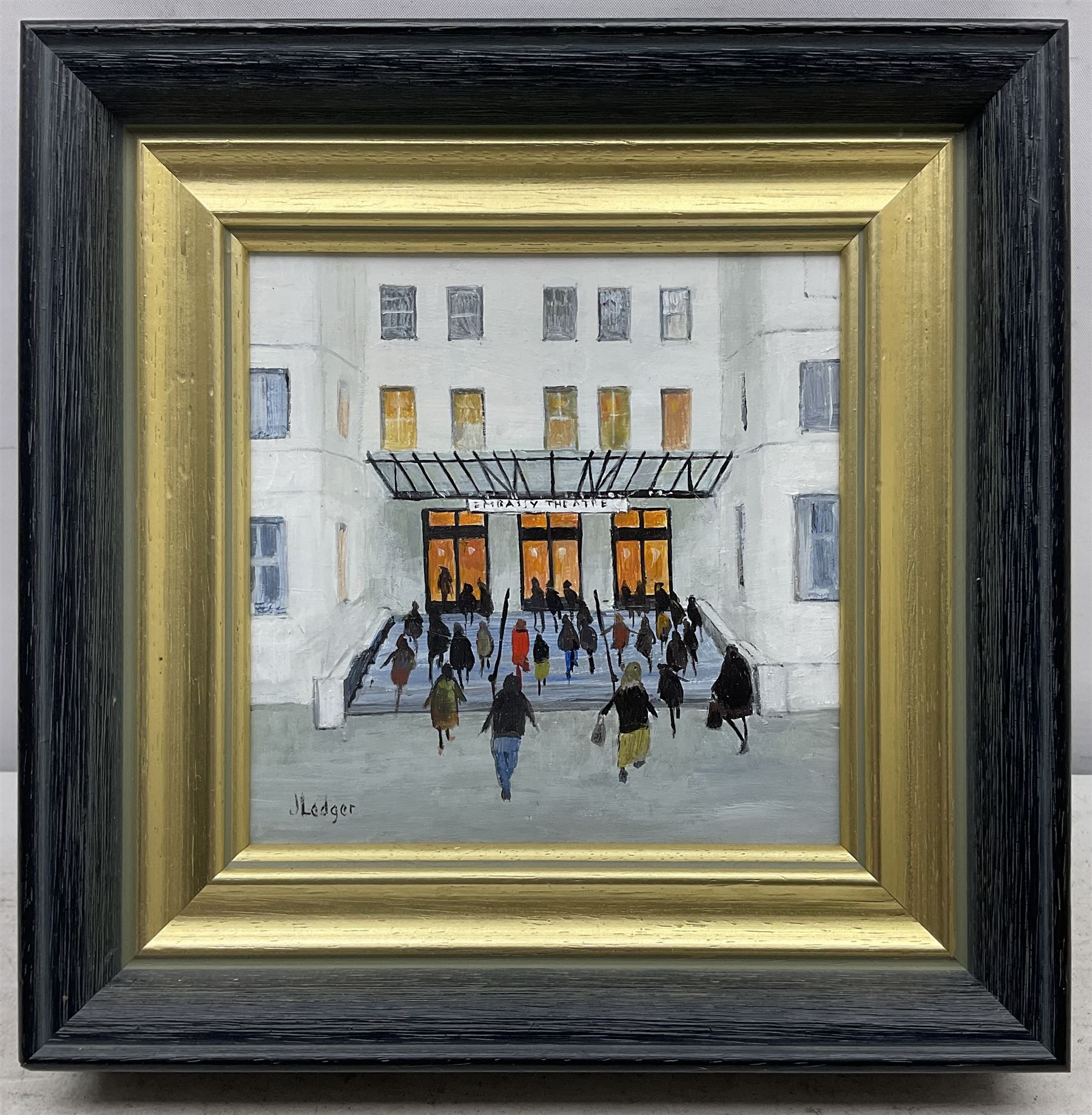Janet Ledger (British 1931-): 'Embassy Theatre' London, acrylic on board signed 14cm x 14cm 
Provenance: with The Linda Blackstone Gallery, Pinner, label verso