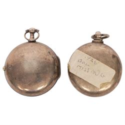Two silver pair cased fusee lever pocket watches, one by Thomas Nurse, Lynn, case dated London 1814, the other dated London 1826