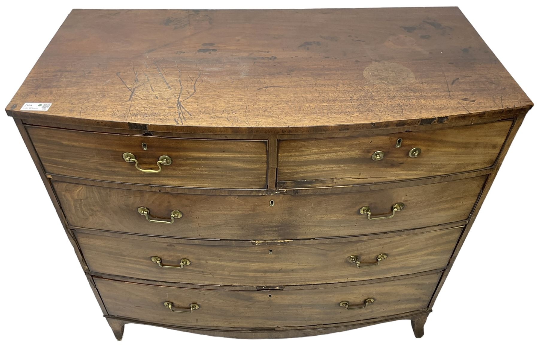 Early 19th century mahogany bow-front chest, fitted with two short over three long cock-beaded drawers, on splayed feet