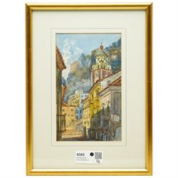 MM (British 19th century): Amalfi Bell Tower - West Coast Italy, watercolour unsigned, TB & R Joran label verso 25cm x 15cm
Notes: label verso reads: 'These pictures tell the story if the travels of an enigmatic Victorian lady, M.M. who married G.C.T. sometime between October 1872 and July 1873 and gave birth to a son, Clive, sometime before 1904. She travelled extensively in Italy, Switzerland and the Rhine Valley between 1871 and 1899. Her watercolours come from albums and are as fresh as the day they were painted. This is our first selection of them, which also shows a stay on the North East coast in 1897 and 1898/'