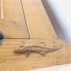 'Lizardman' panelled oak dresser, two heights plate rack above base fitted with three drawers, double cupboard and two single cupboards, by Derek Slater of Crayke, W181cm, H167cm, D45cm