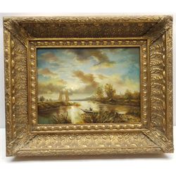 Dutch School (Late 20th century): Rowing Down the River, two oils on panel indistinctly signed 29cm x 40cm and 19cm x 24cm in heavy gilt frames (2)