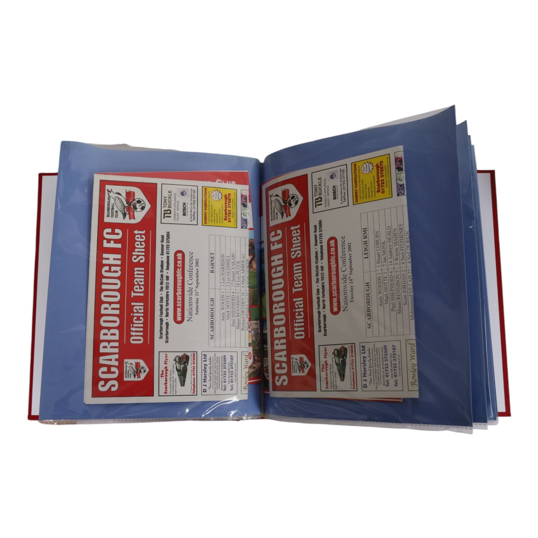 Comprehensive collection of approximately two hundred and twenty Scarborough FC football programmes for the 1999/00, 2000/01, 2001/02 and 2002/03 seasons, all filed within eight dedicated Scarborough FC red Home and Away binders