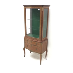 French style Kingwood vitrine, single door enclosing glazed shelves above two drawers, cabriole legs, W64cm, H147cm, D34cm