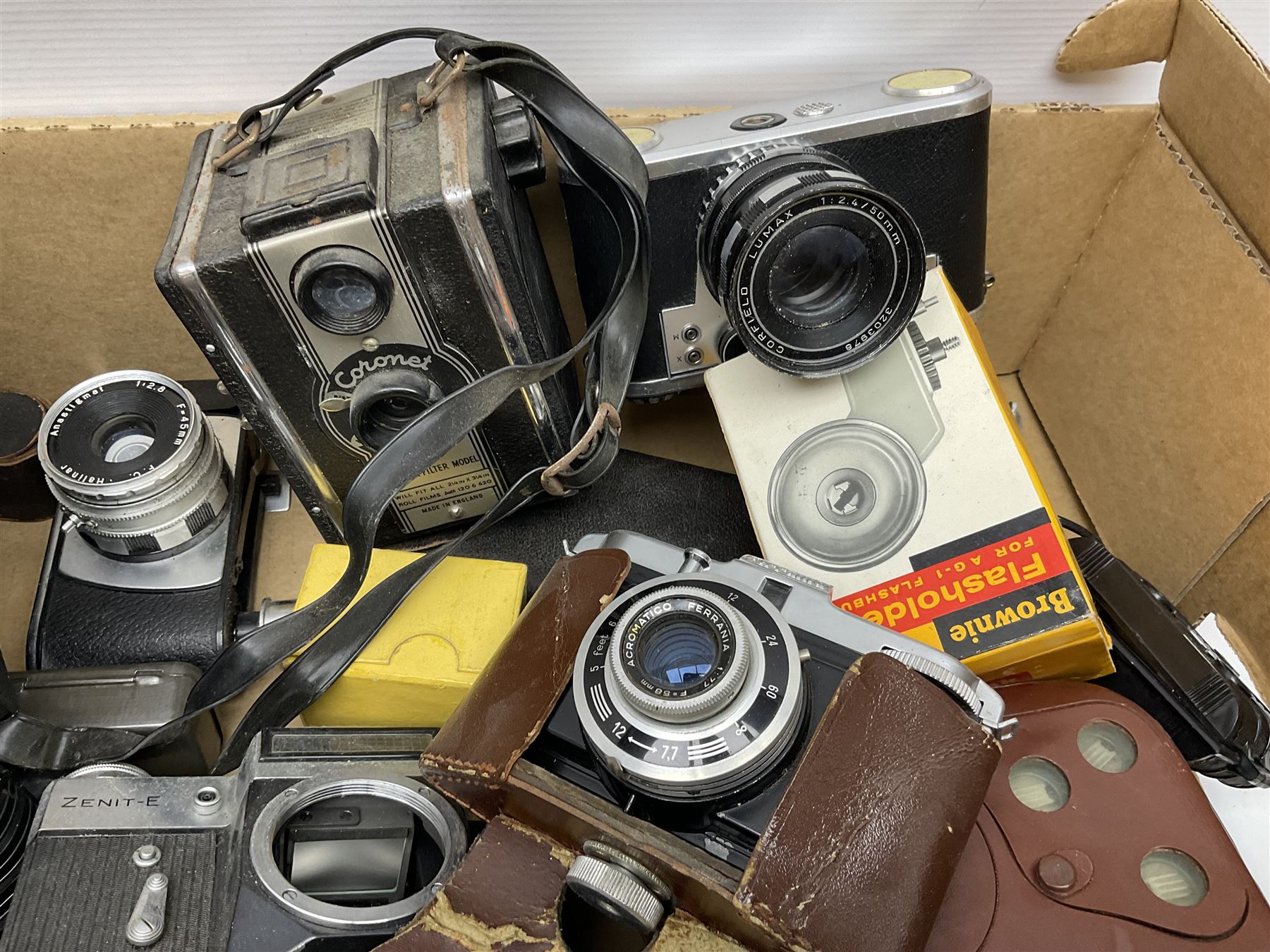 Corfield Periflex Gold Star camera body with Lumax 1:2:4 50mm lens, and other camera bodies and equipment