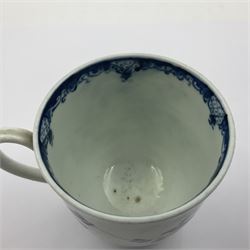 Two 18th century Worcester porcelain coffee cups, the first example decorated in the Plantation pattern, circa 1754, the second decorated in the Mansfield pattern, circa 1760, with workman's mark beneath, each approximately H5.5cm