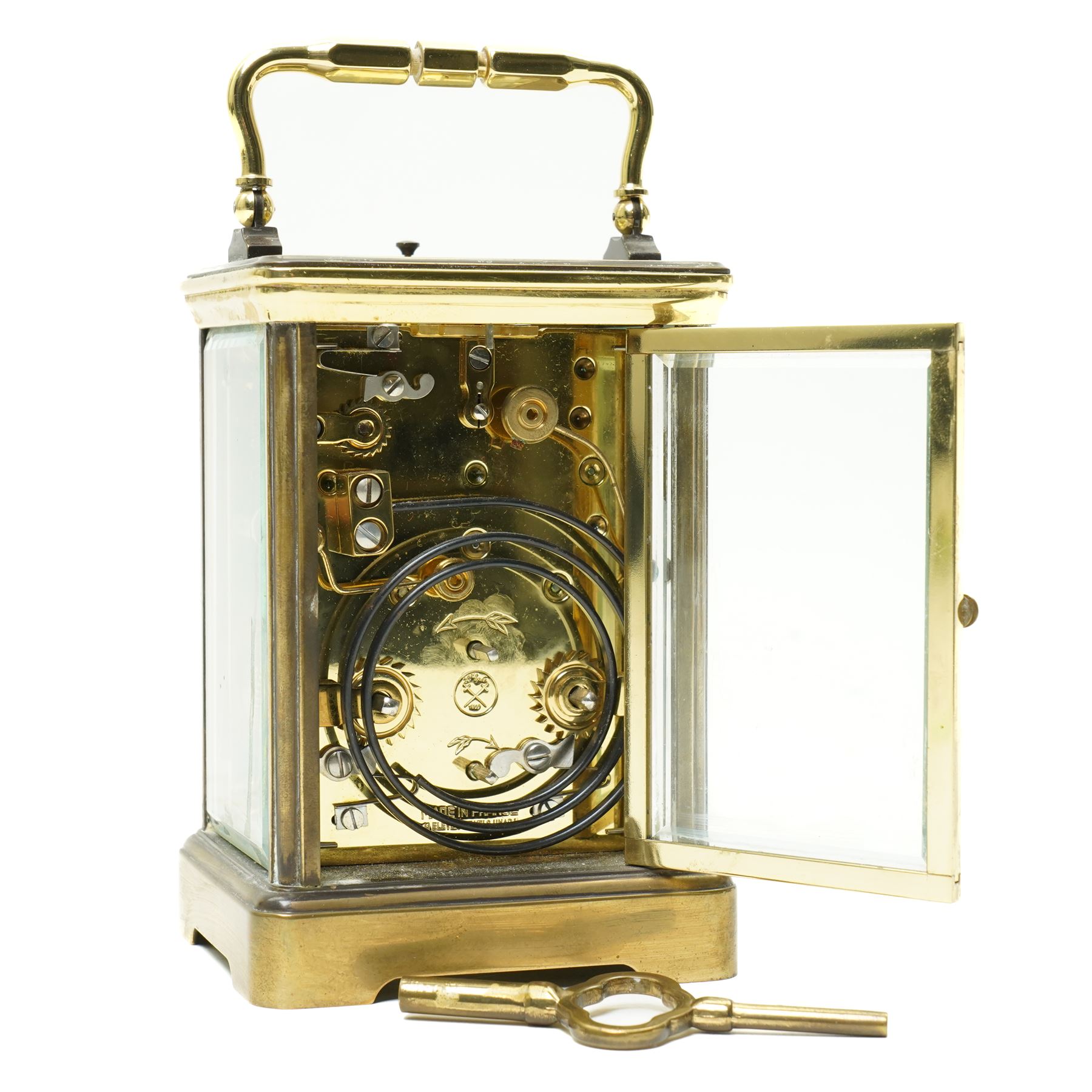 French carriage clock, the white dial inscribed 'L'Epee Fondee en 1839, Sainte Suranne, France,  with repeater movement and alarm in brass and bevelled glass case H13cm