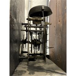 Robert Kneeshaw of Stokesley - 19th century 30 hour mahogany cased longcase clock c1820. with a swans necked pediment and brass paterie, break arch hood door with plain pilasters, inlaid trunk with canted corners, inlay and a wavy topped door, on a rectangular plinth with a shaped base, painted dial with floral spandrels and a depiction of a lady walking in the countryside, with Arabic numerals, non-matching steel hands, calendar aperture and an image of a bird of paradise to the centre, chain driven countwheel striking movement, with weight and pendulum.  