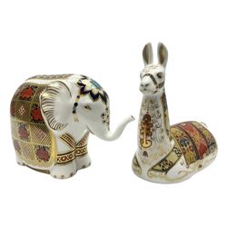 Two Royal Crown Derby paperweights, comprising Elephant, with gold stopper and Llama, with gold stopper, both with printed mark beneath 