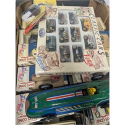 Collection of diecast model vehicles, including Corgi Super Haulers Pickfords lorry, Corgi Bedford Coach, Lledo Days Gone and Trackside models two Maisto motorcycles, etc, all boxed together with a St Johns tinplate Land Speed Record clockwork car