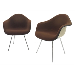  Pair 1970's Charles Eames DAX chairs manufactured by Herman Miller, moulded fibre glass and upholstered seat, chrome supports, W66cm  