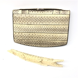  Early 20th century carved ivory model of a Crocodile, L26cm and a vintage Snakeskin handbag (2)  
