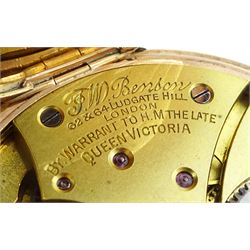 9ct gold open face keyless lever pocket watch by J W Benson, London, white enamel dial with Roman numerals and subsidiary seconds dial, Birmingham 1925