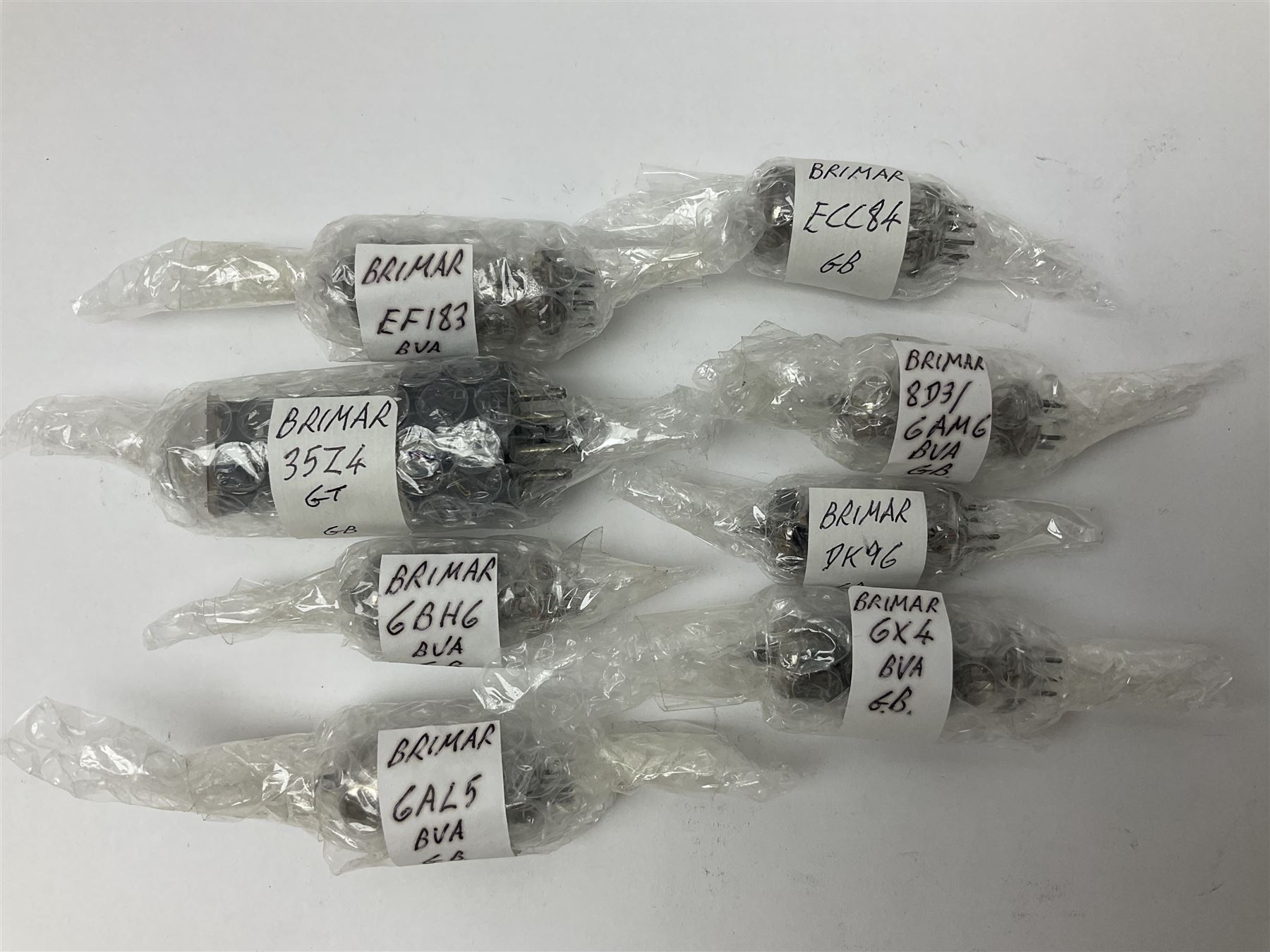 Collection of Brimar thermionic radio valves/vacuum tubes, including EF80, 6U4GT, 6A8G, 6K8GT, etc approximately 20 as per list, unboxed