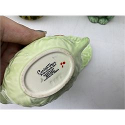 Mid century Spode Copeland 'Cutie Kitten' bowl, Crown Ducal King George VI and Queen Elizabeth Coronation Emu Wines flask with stopper, c1937, Carlton Ware sauce boat and saucer, Crown Devon and quantity of ceramic jugs etc