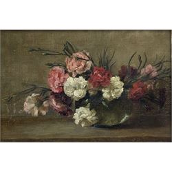 L Emery (British exh.1889-1906): Still Life Bowl of Carnations, oil on canvas signed and dated 1896, 21cm x 31cm
Notes: Miss L Emery is listed as exhibiting from Haywood Lodge, Leamington, Warwick 