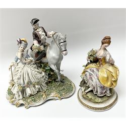 Two Capodimonte figures, the first example modelled as girl with 'lace' skirt holding a dove, H20cm, the second example modelled a male figure on horseback and female figure in 'lace' skirt, H25cm. 