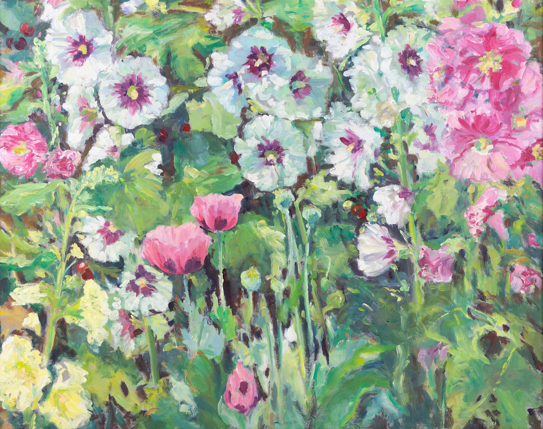 Catherine Tyler (British 1949-): 'Hollyhocks', oil on board signed and dated '94, titled on Chelsea Art Society exhibition label 60cm x 75cm