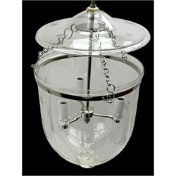 India Jane Interiors - pair of hallway glass bell jar ceiling lanterns, fitted with three branches, decorated with bevelled star motifs - ex-display/bankruptcy stock 