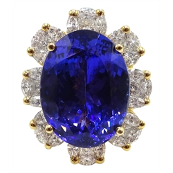  Large 18ct gold oval tanzanite and diamond cluster ring, stamped 750, tanzanite approx 14 carat, diamonds approx 2.25 carat  