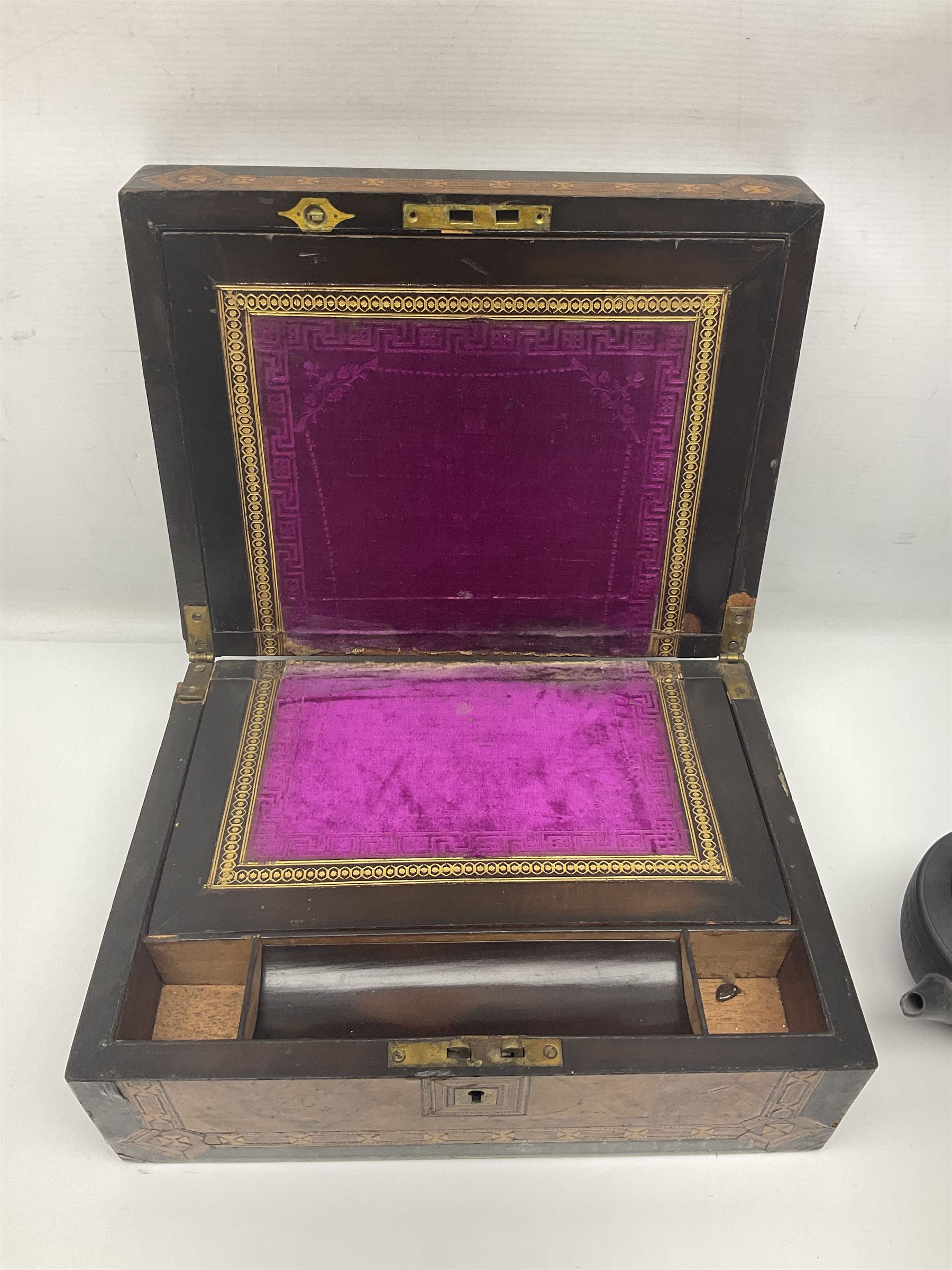 Victorian glass rolling pin, black basalt teapot, mother of pearl box with foliate engraving and sliding lid, and a wooden writing slope, with purple velvet interior, writing slope H14cm