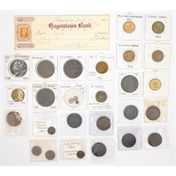  Collection of copper trade tokens, coins and model coinage including 1857 Ionian Islands lepton, 1812 Birmingham penny, 1812 Birmingham and Warwickshire penny, 1843 Thames Tunnel token, gaming tokens, 1865 US Hangerstown bank cheque etc  