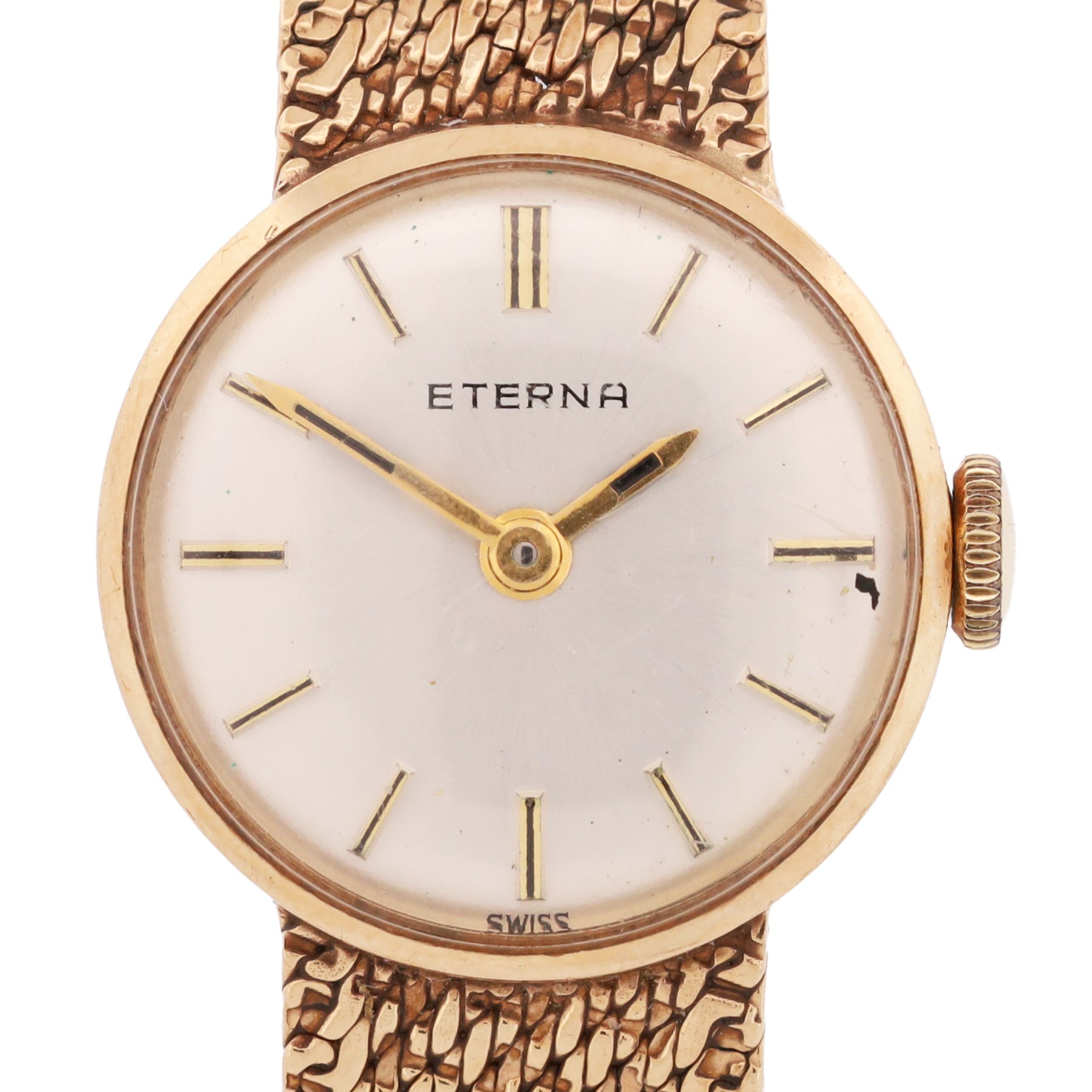 Eterna ladies 9ct gold manual wind wristwatch, silvered dial with baton hour markers, on integral 9ct gold bracelet, London 1968