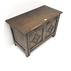 Small 20th century medium oak blanket box, single hinged lid, carved front stile supports, W76cm, H50cm, D38cm