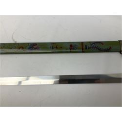 Three reproduction swords - Japanese katana and saya; Tai Chi sword with ornate scabbard; and dress sword with fullered triangular blade and horn handle (3)