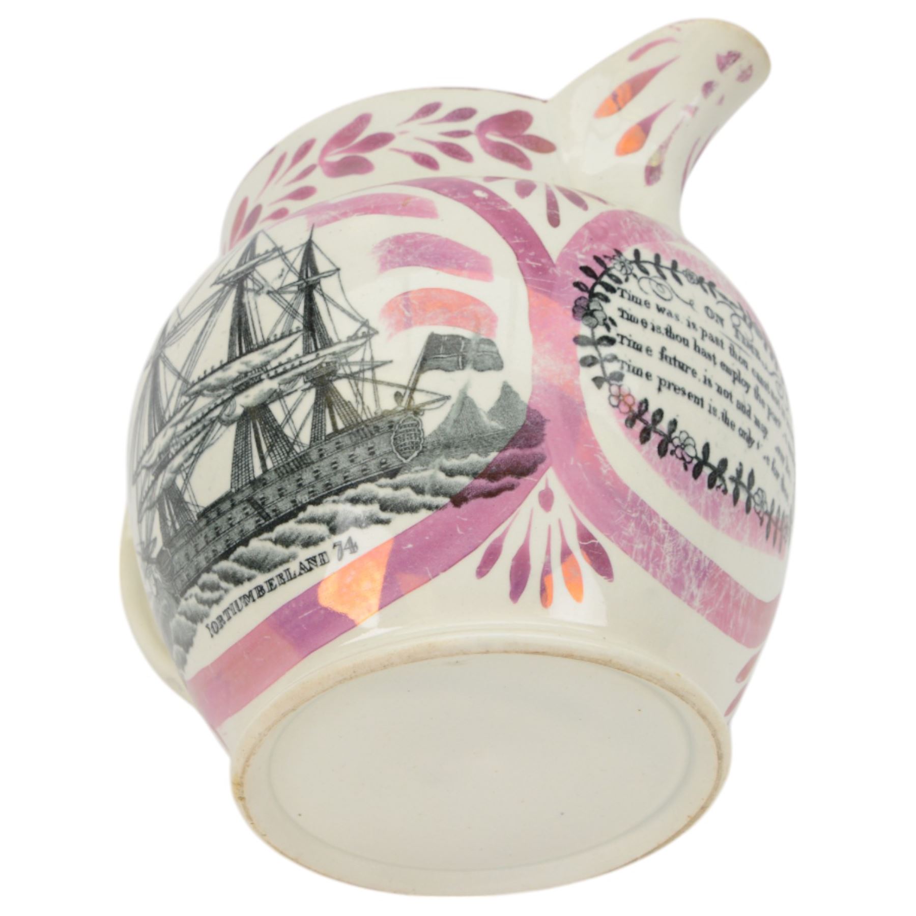 19th century Sunderland lustre jug, transfer printed with Northumberland 74, verse on Time to the front and the verse 'Swiftly see each moment flies...' to the other side, H18cm
