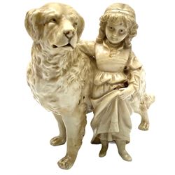 Late 19th/early 20th century German porcelain figure group, modelled as a Great Dane with young girl stood at their side, marked beneath with RW within lozenge surmounted by a crown, and impressed number, H15cm