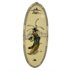 Oriental style cream oval panel, with Shibayama style decoration depicting a robed woman