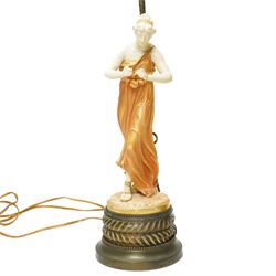 Pair of Royal Worcester table lamps modelled by James Hadley with female musicians with two branch metal fittings and filigree finials on circular bases H75cm