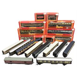 Hornby '00' gauge - six boxed and nine unboxed passenger coaches including LNER teak finish, Pullman, Inter-City etc; four boxed wagons; and Hornby Dublo Royal Mail coach; unboxed (20)