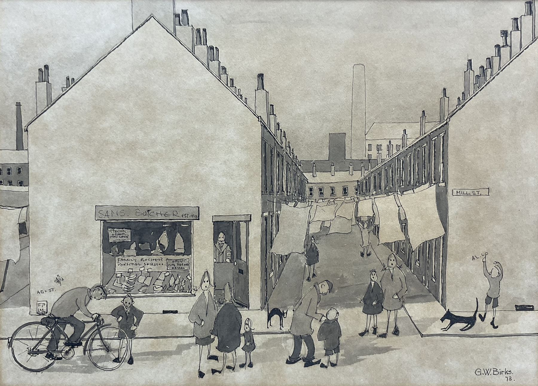 Geoffrey Woolsey Birks (Northern British 1929-1993): 'Sam's Butcher and Mill Street', ink and wash signed and dated '73, 14.5cm x 20cm 
Provenance: private collection, purchased Capes Dunn & Co. 5th April 2016 Lot 44