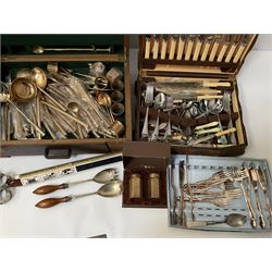 Gilt part canteen of cutlery, stamped Thailand in oak geometric design case, other oak cased canteen and cased cutlery etc 