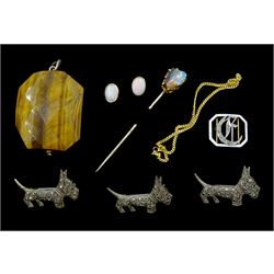  Early 20th century 15ct gold diamond set 'D' and white enamel buckle, pair of 9ct gold opal stud earrings, 9ct gold opal stick pin, three silver marcasite West Highland terrier brooches, 9ct gold links and a tiger's eye pendant