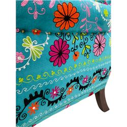 Myakka Victorian style club armchair, upholstered in crazy daisy turquoise fabric 