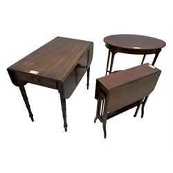 Early 20th century oval mahogany two tier occasional table (76cm x 51cm, H71cm); George III mahogany drop-leaf Pembroke table (48cm x 82cm, H71cm); Edwardian mahogany drop-leaf Sutherland table (W60cm)
