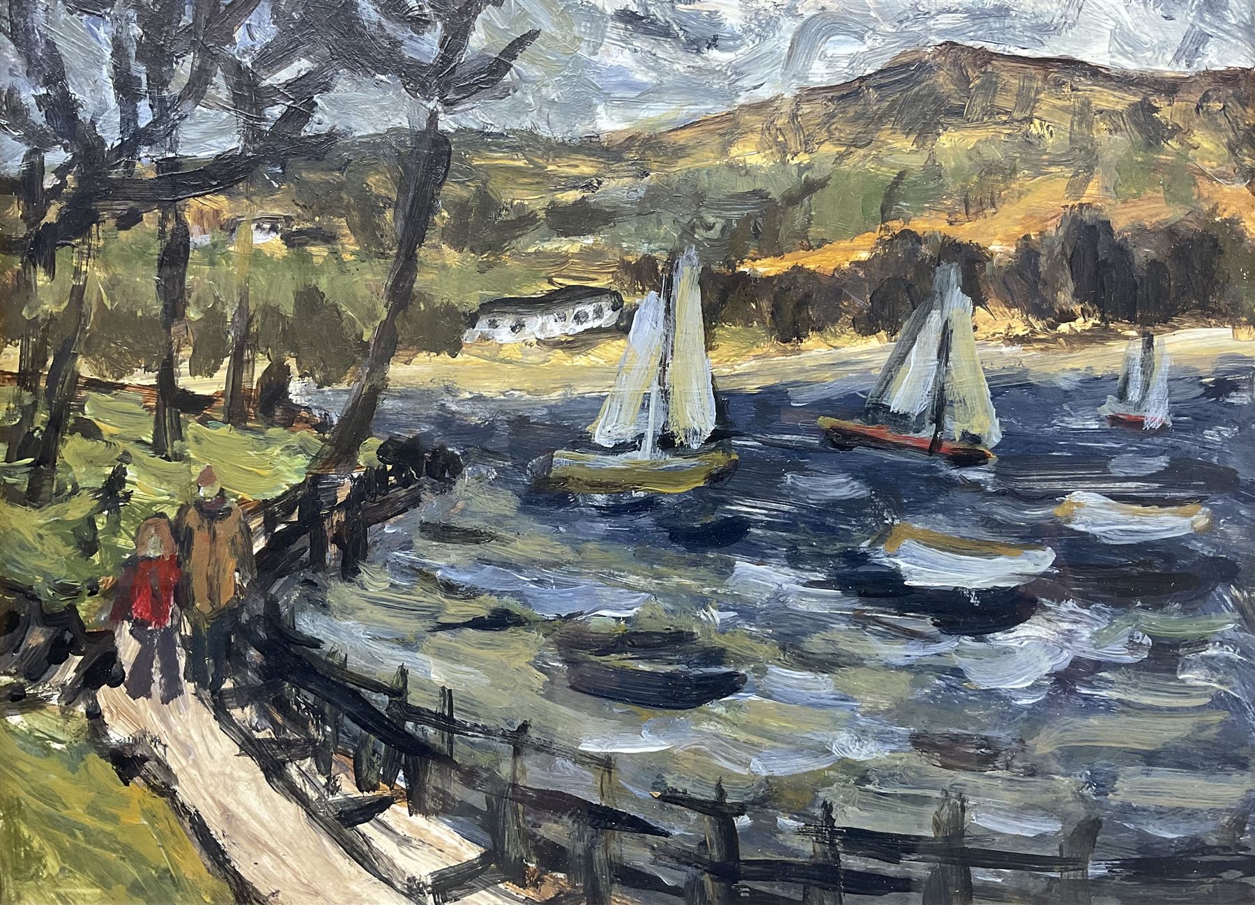 Barry De More (Northern British 1948-2023): 'Hollingworth Lake', watercolour unsigned, titled on authenticity label verso 29cm x 38.5cm
Notes: Acclaimed as one of the North's greatest expressionist artists, Barry De More (1948-2023) used a heavy impasto style to transfer his love of Yorkshire landscapes, townscapes and people to canvas. His work sits comfortably in the company of work by Kossoff and Auerbach, selling to collectors in the UK and overseas. De More's work can be found in the permanent collection of work by Northern Artists at Dean Clough, one of the UK's largest contemporary art galleries.