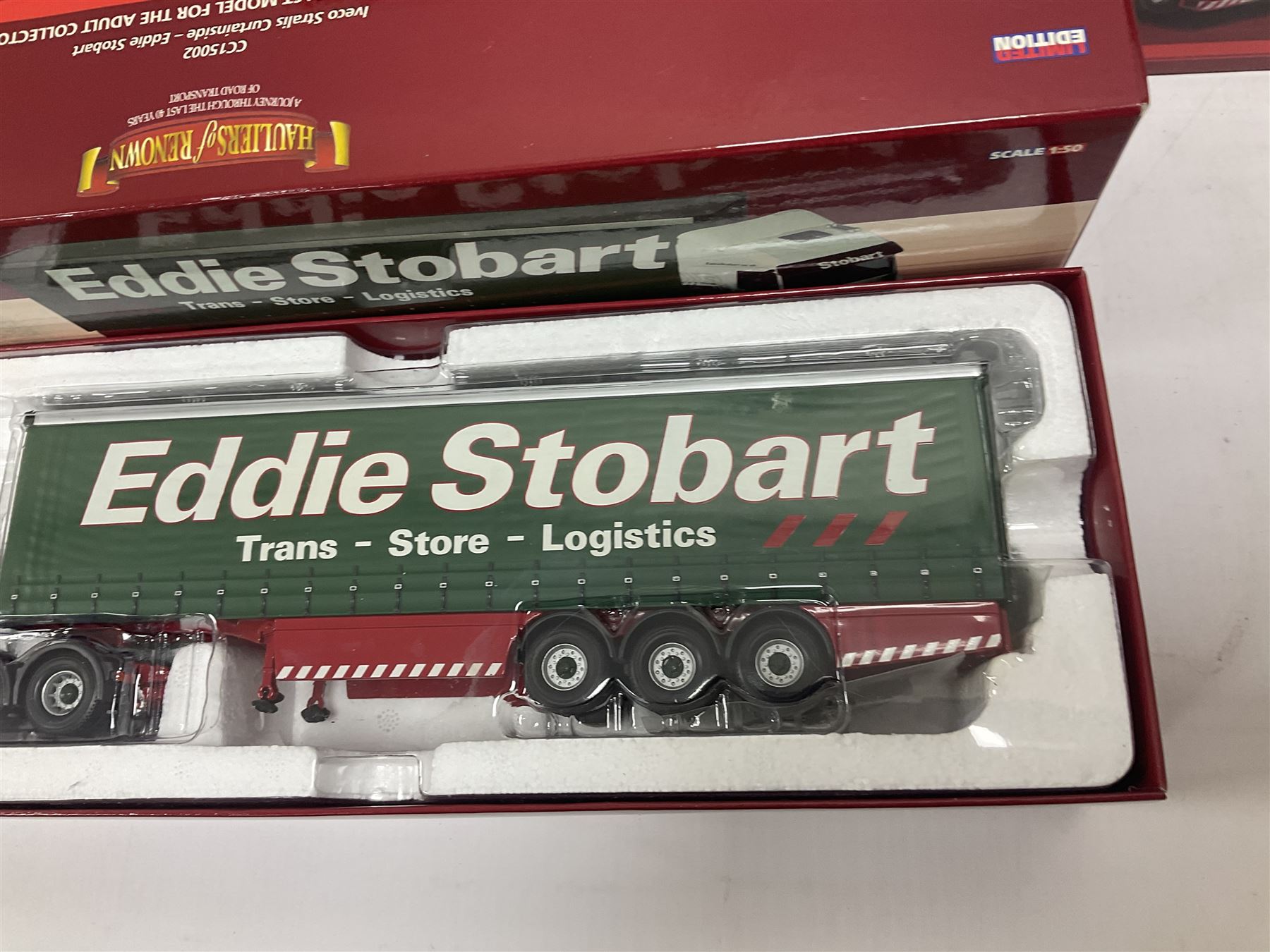 Corgi Hauliers of Renown - four limited edition 1:50 scale Eddie Stobart heavy haulage vehicles comprising CC13812 Mercedes-Benz Actros Curtainside; CC15002 Iveco Stralis Curyainside; CC13722 Scania R Fridge Trailer; and CC15202 MAN XLX; all boxed (4)