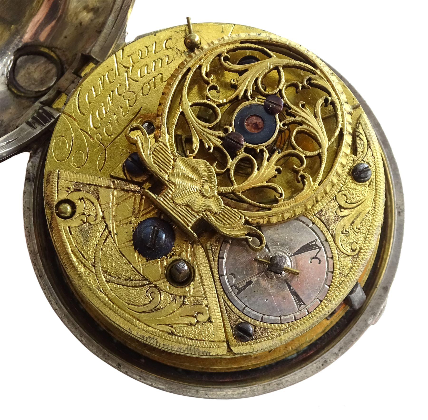 18th century silver pair cased verge fusee pocket watch for the Turkish market by Markwick Markham (London ca.1725-1805), square baluster pillars, pierced and engraved balance cock, white enamel dial with Turkish numerals