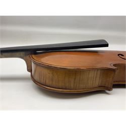 German violin c1900 stamped Stainer with 36cm two-piece maple back and ribs and spruce top L59.5cm overall; in simulated reptile skin carrying case