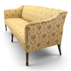 George II mahogany framed settee, beige foliate upholstery with padded sides, downswept arms with sprung seat and back, raised on six turned supports