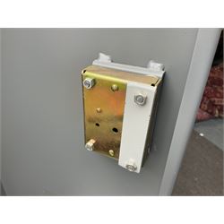 Two-tone grey steel wall-mounting gun cabinet by Sambell Engineering to accommodate six guns with fixed shelf over, gun space int. H132cm W36.5cm D23.5cm, the single double-locking door with two sets of keys, ext. H154cm W37cm D27cm