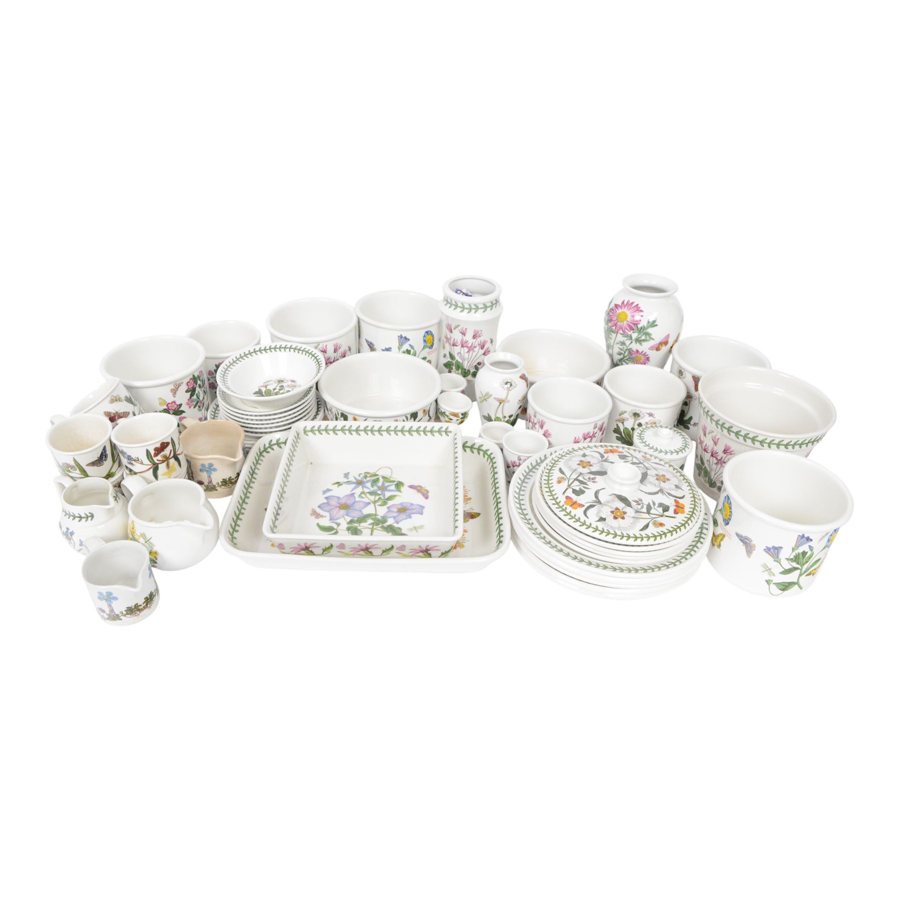 Collection of Portmeirion The Botanic Garden pattern, including five dinner plates, four side dishes, vases, planters etc 